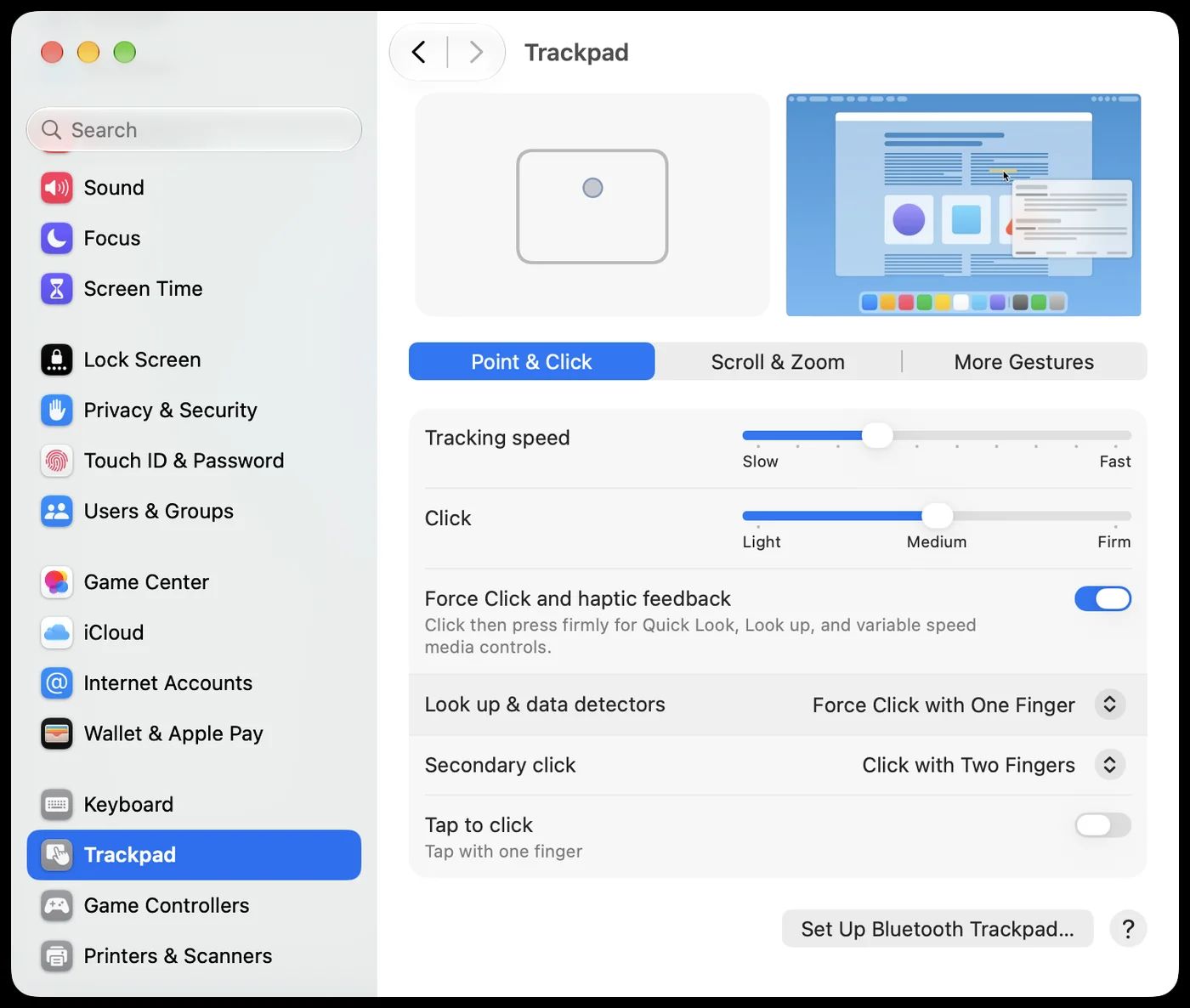 The macOS Trackpad settings panel, Point & Click tab, with Secondary click set to Click with Two Fingers — this setting has no effect on Control-click.